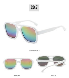 Detailed views of white square sunglasses with double bridge and rainbow mirror lenses