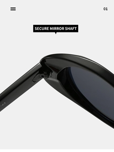Detailed macro view of the secure metal hinge and shiny black frame of oval sunglasses