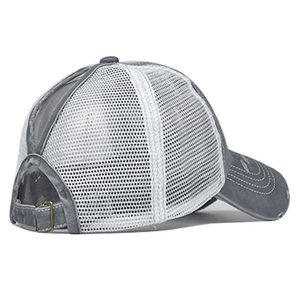 Detail of grey washed cotton ponytail baseball cap featuring breathable white mesh back