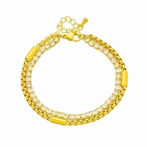 Double layered gold titanium steel chain bracelet with cubic zirconia and box links