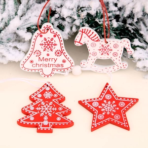 Red and white wooden Christmas ornaments set featuring bells, horses and trees on snow