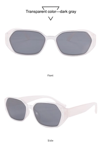 Front and side view of thick square frame sunglasses with transparent pink white finish
