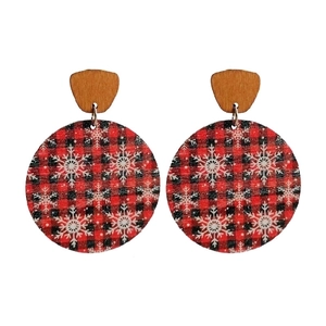 Christmas red buffalo plaid wooden earrings with white snowflake patterns on white background