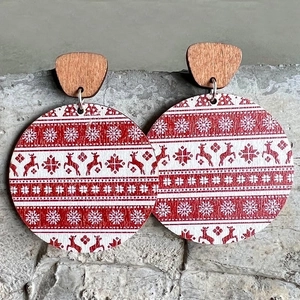 Bohemian round wooden Christmas earrings with red reindeer and white snowflake motifs