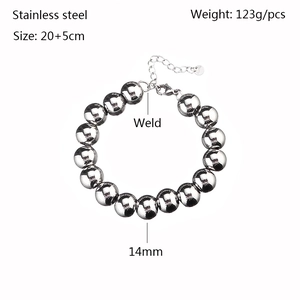 Close-up of 14mm thick stainless steel beaded bracelet with detailed size specifications