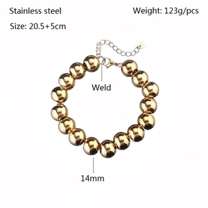 Polished 14mm gold stainless steel bead bracelet with adjustable extension chain