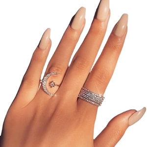 Chic 18k gold plated crescent moon and star stackable open rings with pave zircon
