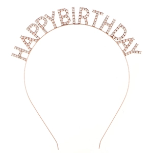 Detailed view of rose gold Happy Birthday headband with sparkling rhinestones decoration