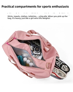 Internal view of pink gym bag showing dry-wet separation pocket and shoe compartment