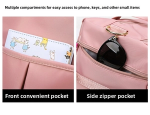 Pink fitness bag detail showing the side zipper pocket and gold metal buckles