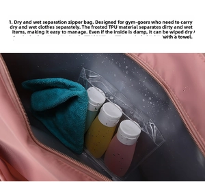 Detail of pink gym bag featuring a waterproof frosted TPU dry-wet separation pocket