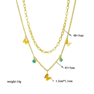 Double layer titanium steel necklace with butterfly pendant and blue turquoise stone