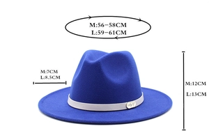Sizing detail for blue fedora hat showing M and L head circumference and brim dimensions
