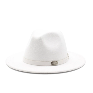 Classic white wool wide brim fedora hat with a leather strap and silver metal plate detail