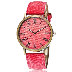 Orologio vintage in bronzo con quadrante e cinturino in denim rosso e numeri romani