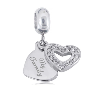 316L stainless steel My Family heart pendant charm with blue oil drop for DIY bracelets