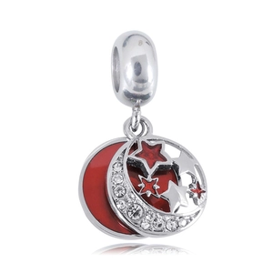 316L stainless steel silver crescent moon and red star charm with sparkling crystals