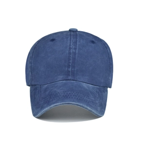 Detail of navy blue washed cotton baseball cap with vintage distressed finish and stitching