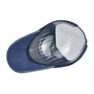 Detail of dark blue ponytail baseball cap with inner plastic support for shape retention
