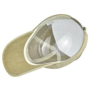 Detail view of khaki cotton ponytail cap interior showing stitching and metal buckle