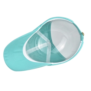 Internal view of aqua baseball cap showing stitching details and metal buckle adjustment