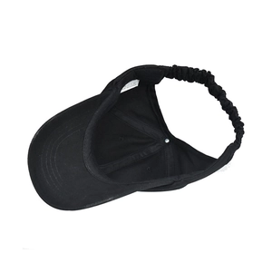 Solid black ponytail baseball sun hat with adjustable elastic strap and wide visor