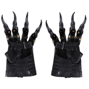 Black dragon claw cosplay gloves with leather texture and metal rivets for Halloween