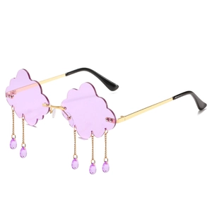 Stylish gold-rimmed sunglasses featuring purple cloud-shaped lenses and crystal droplets