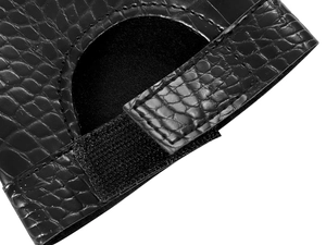 Detail of black faux leather dragon claw glove with crocodile texture and velcro fastener