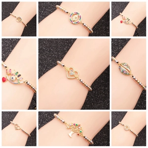 Detailed grid showing colorful beaded bracelets with cubic zirconia and gold pendants