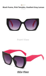 Vues détaillées des lunettes de soleil noires à branches rose avec des verres dégradés