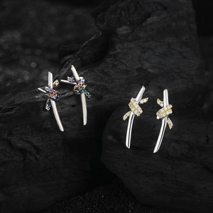 S925 sterling silver rope stud earrings with colorful cubic zirconia on black stone