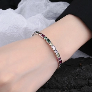 French vintage silver cuff bracelet featuring irregular geometric rainbow zircon stones