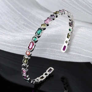 French vintage S925 silver open bangle with colorful geometric zircon gemstones