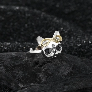 S925 sterling silver French bulldog ring with gold goggles and black zircon eyes