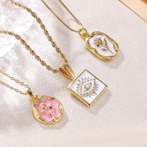 Vintage French Style Gold Plated Enamel Pendant Necklace For Women Elegant Flower Tulip Rose Evil Eye Relic Jewelry Gift