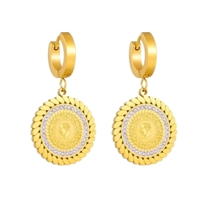 Vintage gold coin pendant earrings with crystal rhinestones and portrait relief design