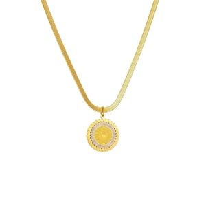 Vintage gold coin pendant necklace with portrait relief and crystal stones on snake chain