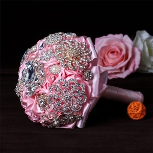Handmade pink satin ribbon wedding bouquet with crystal rhinestones and pearls