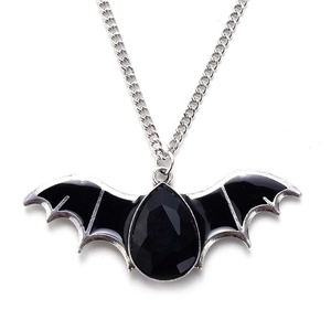 Detail of bat pendant with black water drop gemstone and enamel wings on silver chain
