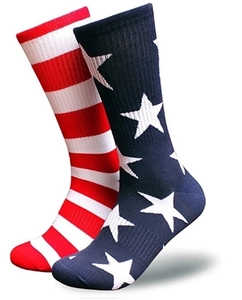Detailed knit texture of American flag crew socks with red stripes and white stars