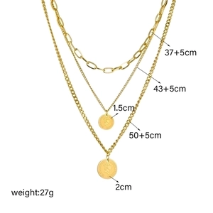 Three-layer gold layered chain necklace with vintage queen coin pendants on white background