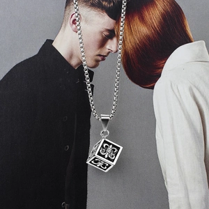 Punk titanium steel necklace featuring cube pendant with fleur-de-lis engravings