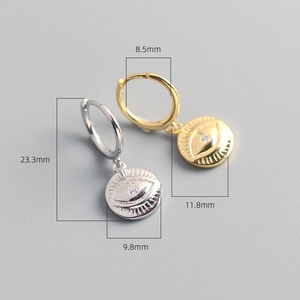 Detailed view of S925 sterling silver evil eye hoop earrings with 23.3mm total length