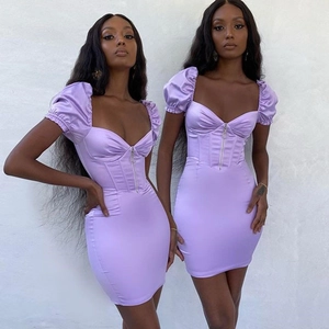 Sexy Satin Mini Dress Puff Sleeve Front Zipper Corset Style Bodycon Fishbone Party Wear For Women