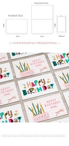 Size comparison chart for happy birthday cards with iPhone 7 reference and dimensions