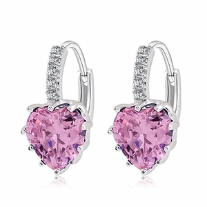 Silver drop earrings featuring pink heart-shaped AAA zircon and pavé white crystals
