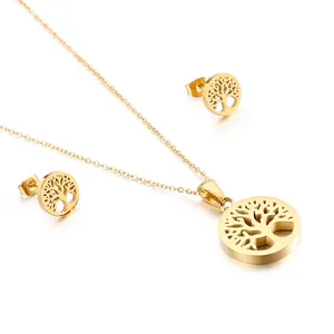 Tree Of Life Necklace And Stud Earrings Stainless Steel Hollow Round Pendant Fashion Jewelry Accessories For Women
