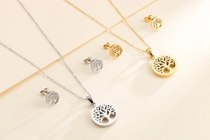 Detailed view of silver and gold Tree of Life jewelry sets with necklaces and stud earrings
