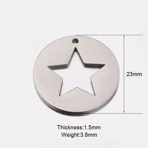 Silver stainless steel star pendant with 23mm diameter and 1.5mm thickness specifications